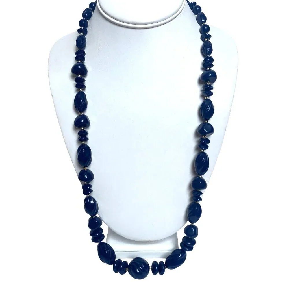 Vintage Blue Lucite Beaded Necklace Gold Tone Accents Textured Chunky Beads NWT
